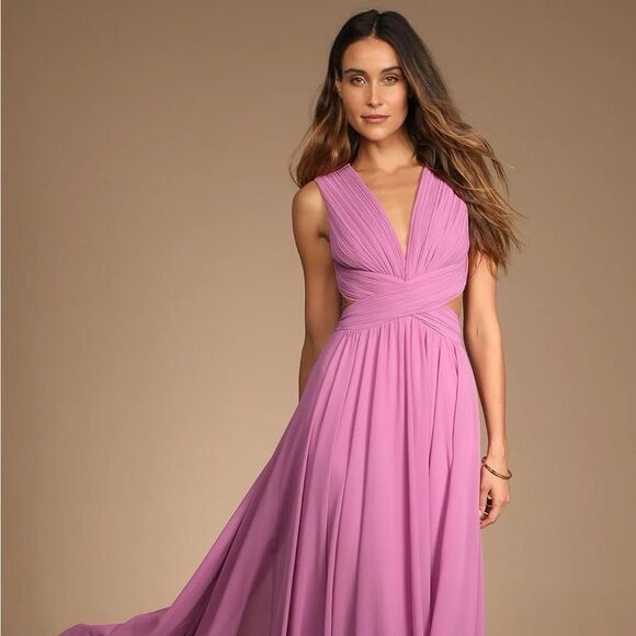 Lulus Vivid Imagination Lilac Pink Cutout Maxi Chiffon V Neck Dress Small NEW - Picture 6 of 16